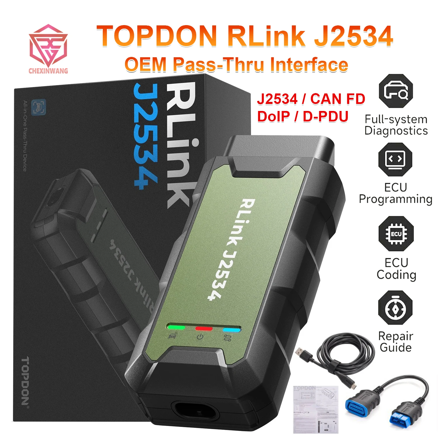 TOPDON RLink J2534 VCI Pass-Thru Programmer OEM Reprogramming Auto VIN Diagnostic Tool Lifetime Free Driver Update