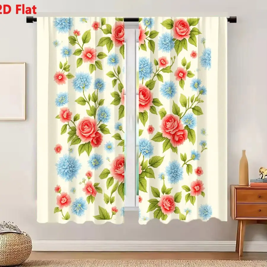 2Pcs Curtains 2D Flat Seamless Floral Pattern With Pink Roses And Blue Hydrangeas On Cream Background Window Drapes for Bedroom