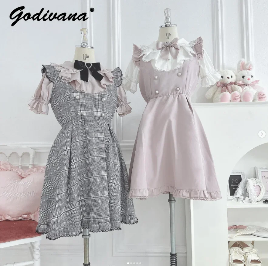 

Summer New Japanese Style Short Dress Sweet Flounced Girl Female Lolita Suspender Dress High Waist Backless Casual Dress