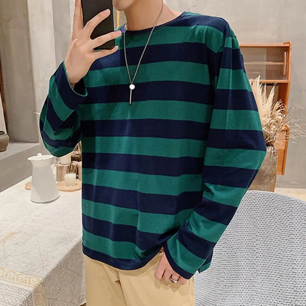 Striped Long Sleeve T-Shirt Men\'s Korean Style Contrast Striped Crewneck Top Loose Casual Sweatshirt Youth Fashion Accessories