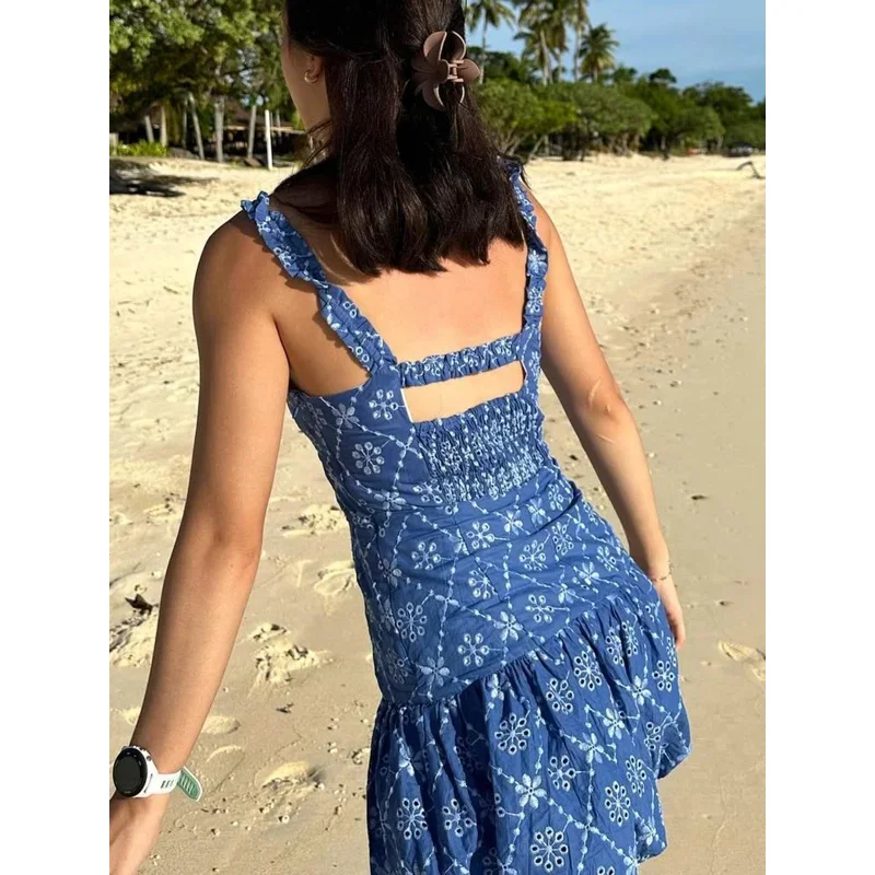 

Women's Vintage Blue Hollow Embroidery Mini Dress Sleeveless Suspender Pleated Backless Beach Holiday Short Skirt
