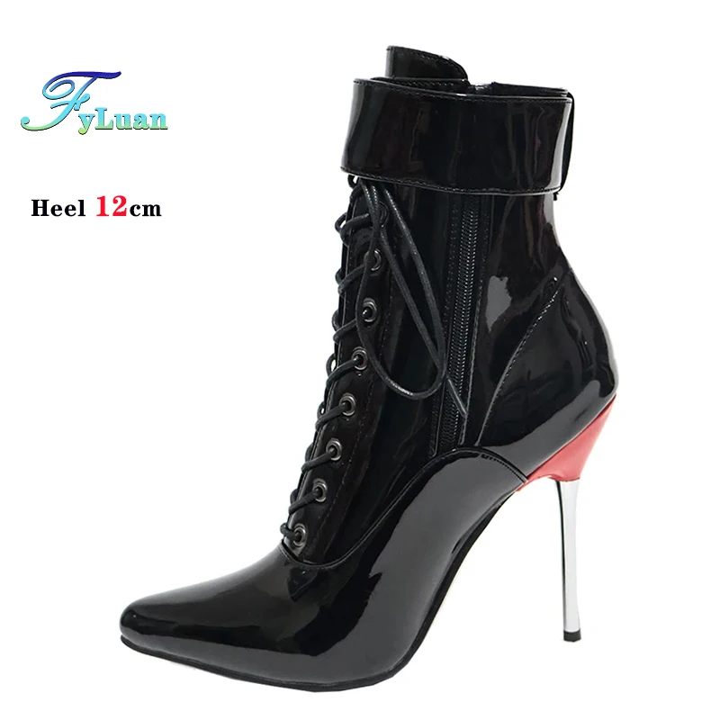 

2025 запираемых замков, ботинки для стриптиза в стиле фетиш, женская обувь на высоком каблуке 12 см, матовые черные ботильоны на тонком каблуке, туфли для танцев на пилоне