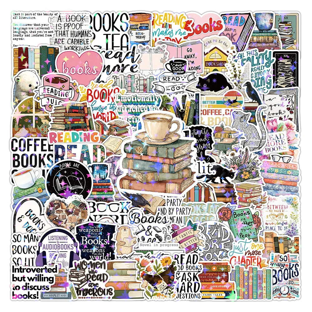 

10/30/50/100pcs Holographic Laser Reading Book Stickers Funny Bookish Decoration Sticker DIY Notebook Phone Laptop Cartoon Decal
