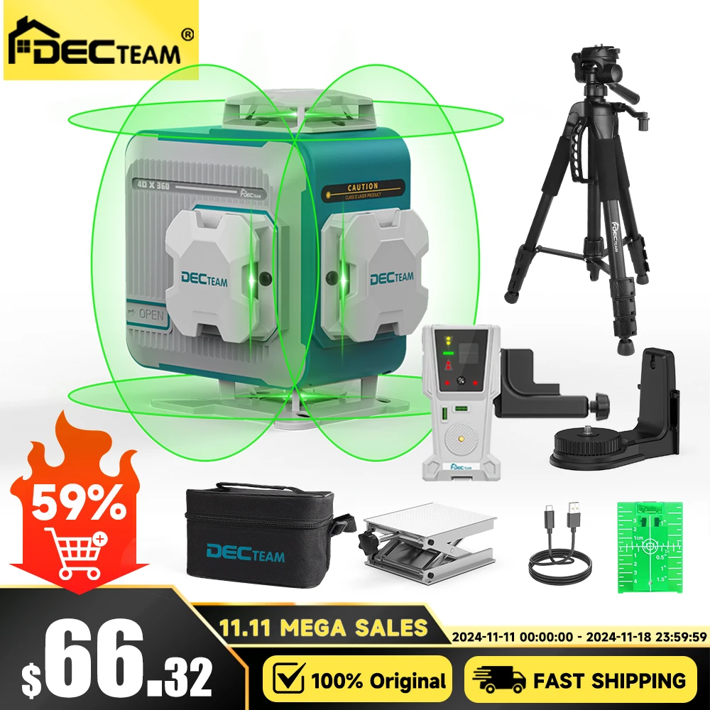 

Decteam 4D Cross Line Laser Level 16 Lines Green Tiling Floor with Horizontal and Vertical Line Li-ion Battery Lazer Level Tools