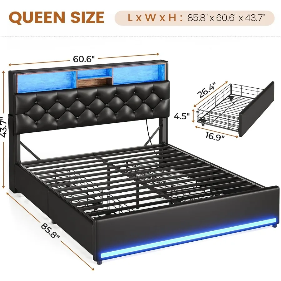 Queen Bed Frame with 4 Drawers and Hidden Storage Headboard Featuring LED Lighting Built-in Charging Station Upholstered Design - Image 2