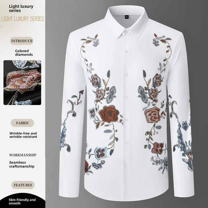 

Мужская роскошная рубашка с принтом, длинный рукав, эластичная, не требующая глажки, с ринстонами