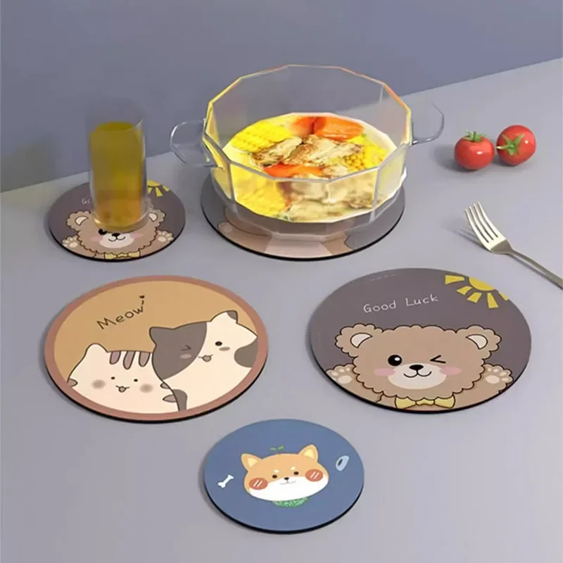 Cartoon Round Coffee Mug Coasters 5Pcs 22Cm Diatom Mud Dining Table Insulation Pad Soft Absorbent Tableware Mat for Decoration