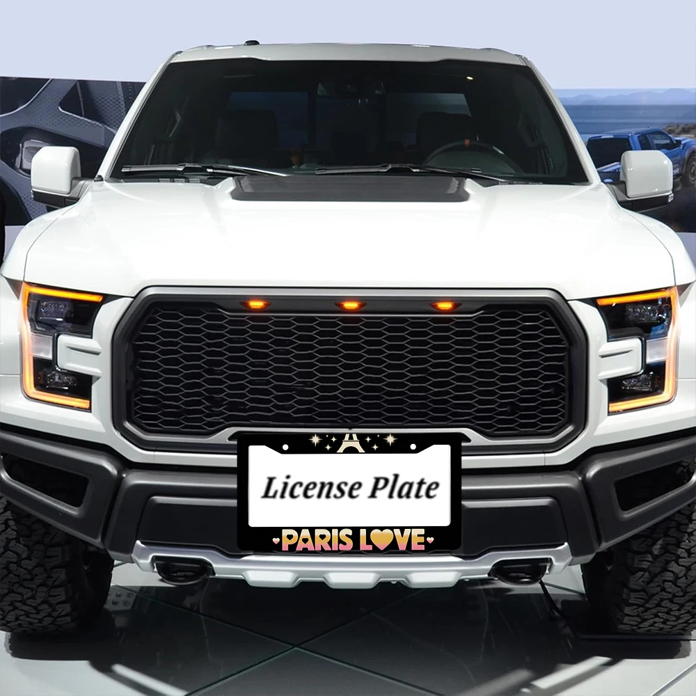 قطعة واحدة من إطار لوحة الترخيص ذو فتحتين من الألومنيوم الأسود مع تصميم برج إيفل ونجوم باريس، مقاس 6 × 12 بوصة، تتضمن طقم براغي، R