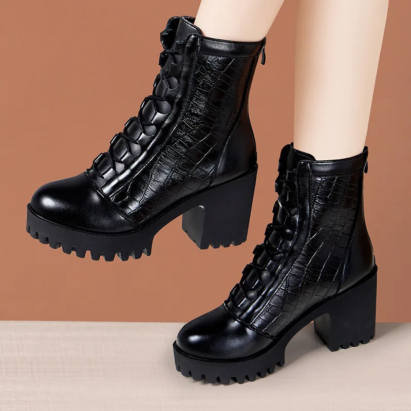 8cm 10cm Size 33-43 Elegant Black Block High Heel Shoes Ankle Boots Leather Winter 2026 Warm Fur Motorcycle Boots Office Model