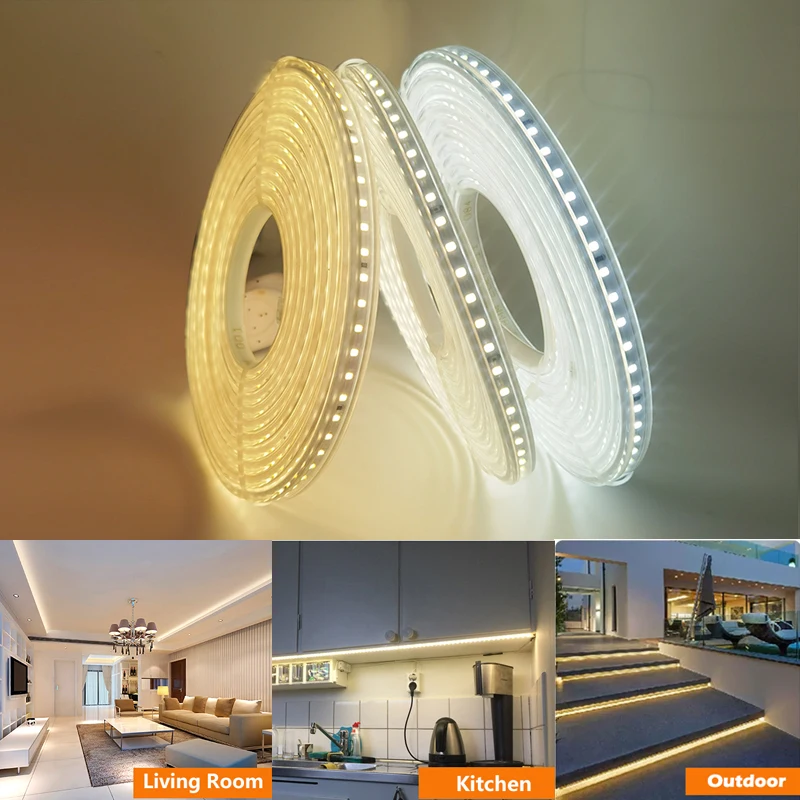 IP68 LED Strip Lights 220V Outdoor Waterproof Led Tape 5M 10M 15M 20M 25M Warm White Led Flexible Light Kitchen Garden Lighting