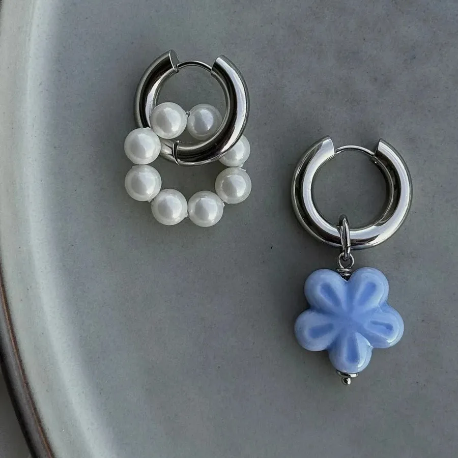 Vintage Personality Imitation Pearl Blue Color Ceramic Flower Pendant Earrings for Women Asymmetric Two Wears Wedding Jewerly
