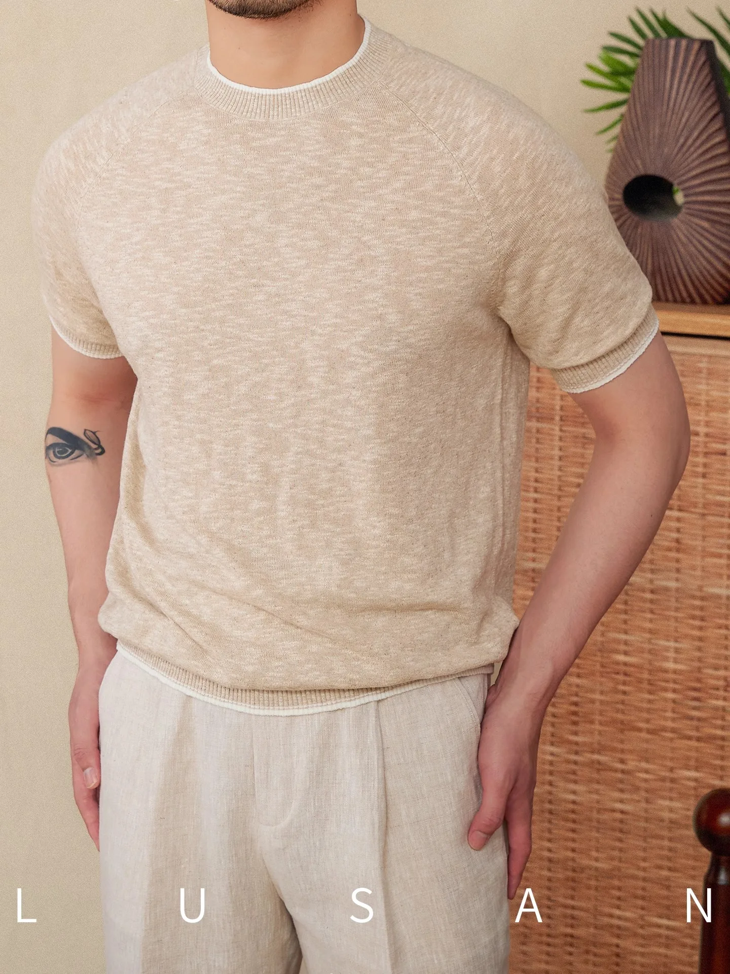 

Men's Linen Cotton Knitted T-Shirt Summer Breathable Slim Fit Short Sleeve Round Neck Casual Top Lightweight Commuting Tee