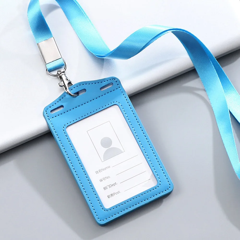 

High Quality PU Leather Work Card Holder With Neck Lanyard Solid Color ID Card Cover Chest Cards Cases Business