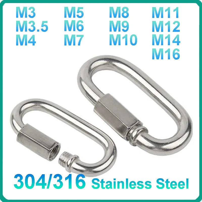 1Pc M3 M3.5 M4 M5 M6 M7 M8 M9 M10 M11 M12 M14 M16 304/316 Stainless Steel Oval Quick Link Safety Spring Snap Hook Carabiner Lock