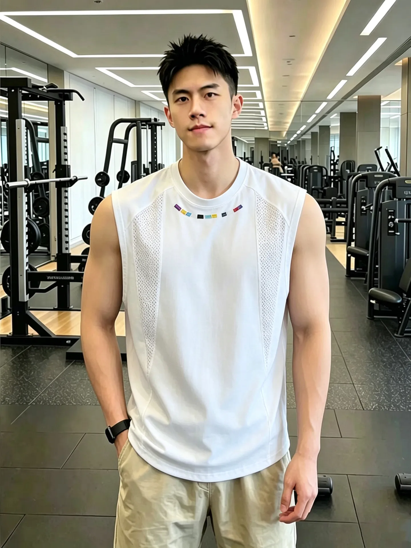 Breathable Embroidered Mesh Men's Tank Top Small Collar Deconstructed Patchwork Sleeveless T-Shirt Sporty Shoulder Sweatshirt