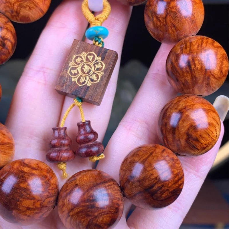 Premium Burmese Agarwood Sandalwood 20-bead Buddhist bracelet with yellow background and rich landscape wheat ear pattern