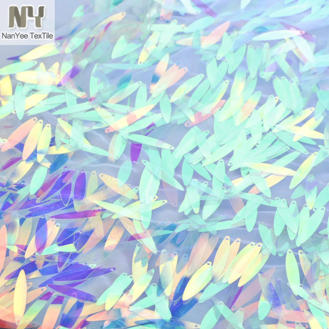 4cm Long Fringe Ellipse Salix Leaf Shape Blue Pink Pearl Pastel Iridescent Color Changing Sequin Fabric On White Mesh