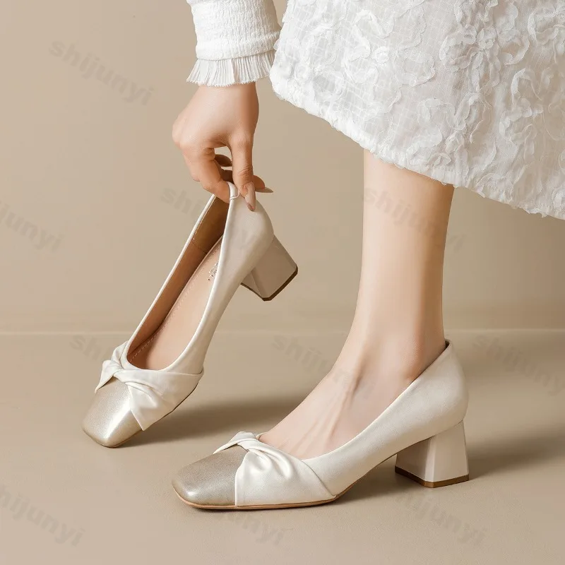 

Woman High Heel Shoes Elegant Square Toe Butterfly Knot Slip on Pumps French Style Pleated Design Daily Versatile Dress Heels