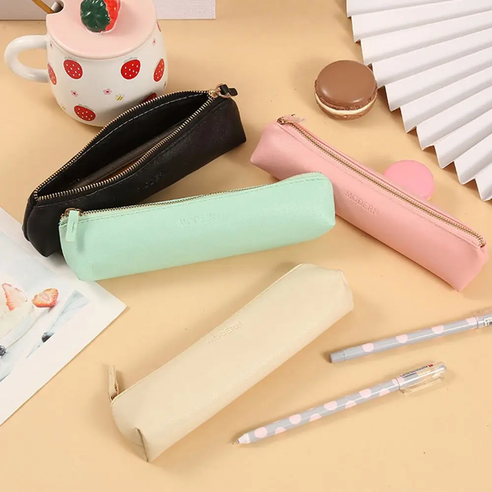 Candy Color Portable Mini Zip PU Leather Pencil Bag Pen Pouch Storage Bag School Supplies