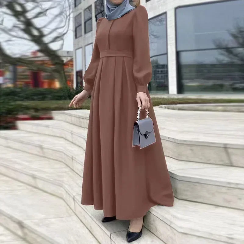 Vintage Manica Lunga Musulmano Dubai Turchia Abaya Abito Hijab Donna Maxi Abito Lungo Casual Solido Eid Mubarek Ramadan Vestito Estivo