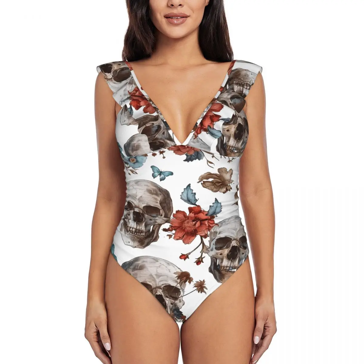 Ruffle 2024 Women Sexy One Pieces Swimsuit Skulls And Plants With Flowers Swimwear Female Bathing Suit Beachwear