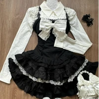 Conjunto de 3 piezas de estilo Lolita estético Y2k para mujer, camisa blanca Kawaii, chaleco de encaje con lazo, minifaldas con volantes, traje de falda gótica de moda japonesa