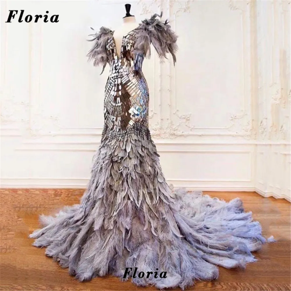 

Floria Haute Couture Sequins Celebrity Dresses Arabic Dubai Sliver Feathers Red Carpet Runway Dress Women Evening Dress Vestidos