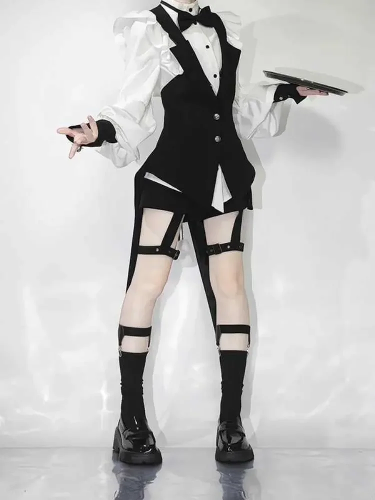 Gothic Subculture Butler Cosplay 3 Piece Set Women Ruffle Shirt Vest Shorts Thigh Garters Slim Fit Party Clubwear Outfits 2026