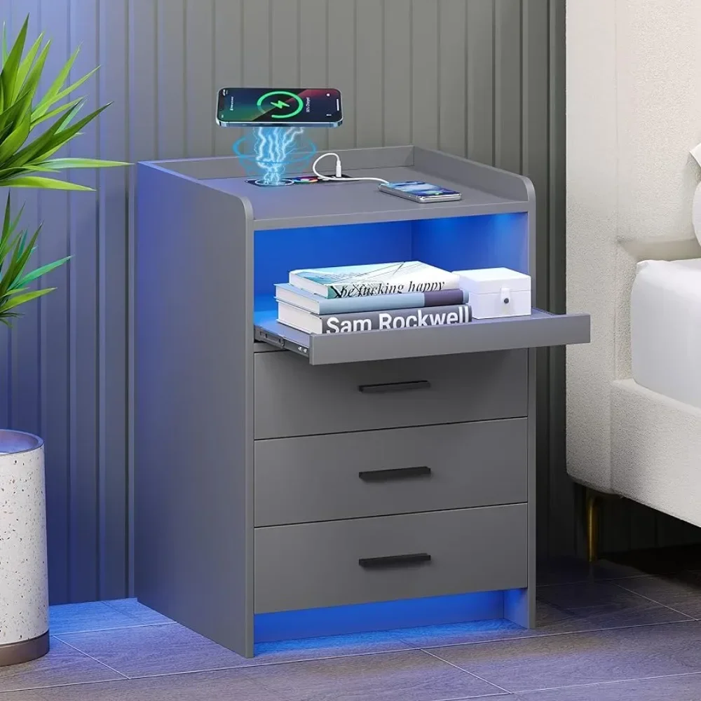 

Nightstand, Bedside-End-Table with Charging Station - Smart for Sofa Table with Human-Sensor RGB Lights, Nightstands