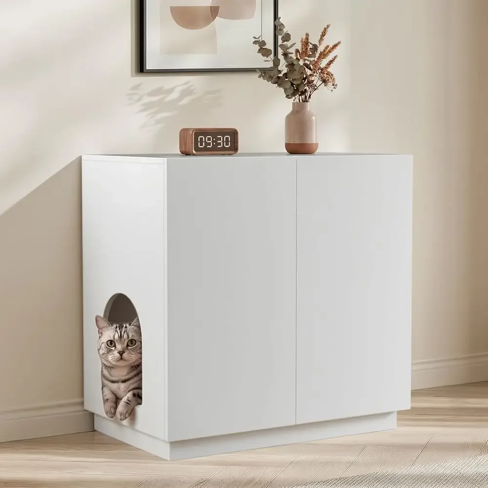 Extra Large Wooden Litter Box Cabinet with Concealed Storage, White
