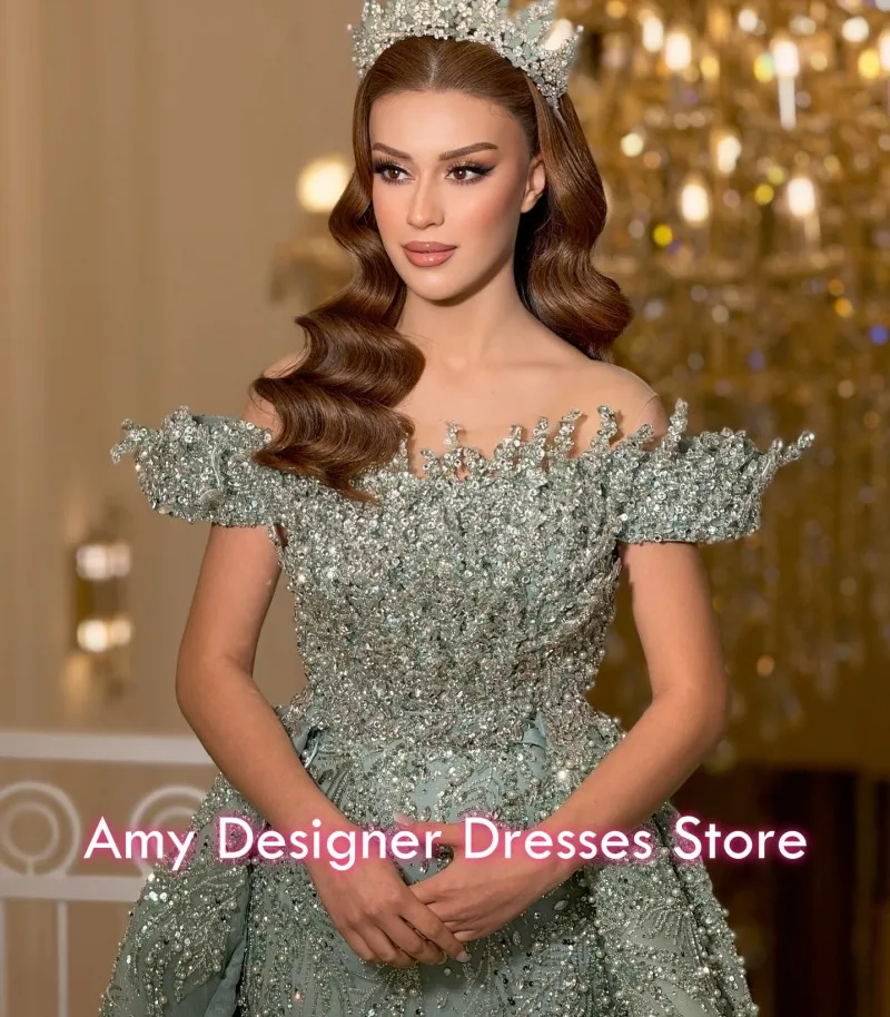 Luxurious Women Evening Dresses Beaded Crystal Ball Gown Prom Dress For Women Bateau Sparkle Party Gowns Customized