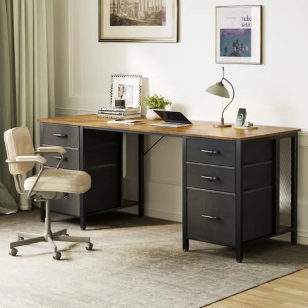 63 inch Computer Desk with 6 Fabric Drawers, Home Office Desk, Vintage | Office Desk with File Drawers Cabinet with