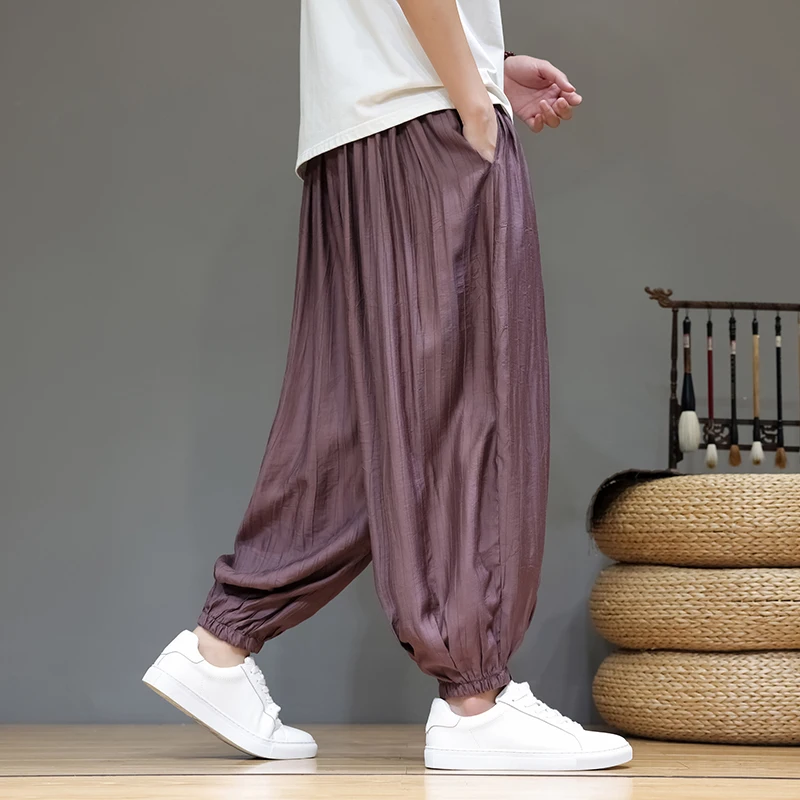 

Chinese Style Summer Ice Silk Lantern Pants Lightweight Breathable Wide Leg Loose Fit Elastic Waist Casual Palazzo Trousers Men