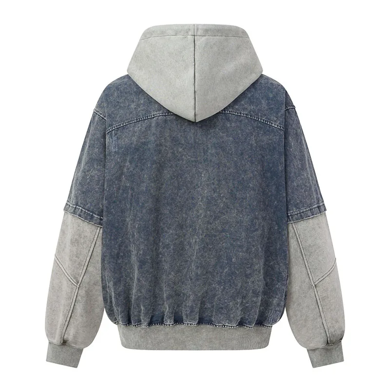Vintage Fake TwoPiece Sweatshirts Hip Hop Streetwear Washed Pullover Hoodies For Male Patchwork