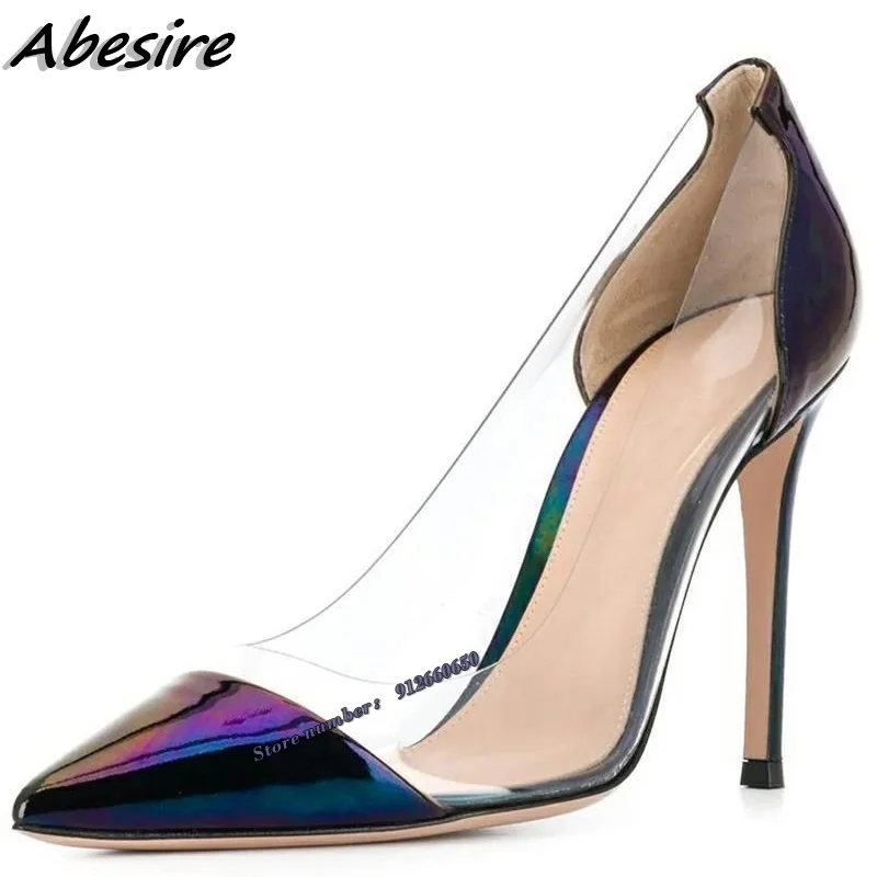 Abesire Pointy Toe Clear PVC High Heel Brown Pumps Mixed Color 12CM 10CM 8CM Stiletto High Heel Pumps Sexy Women Wedding Shoes