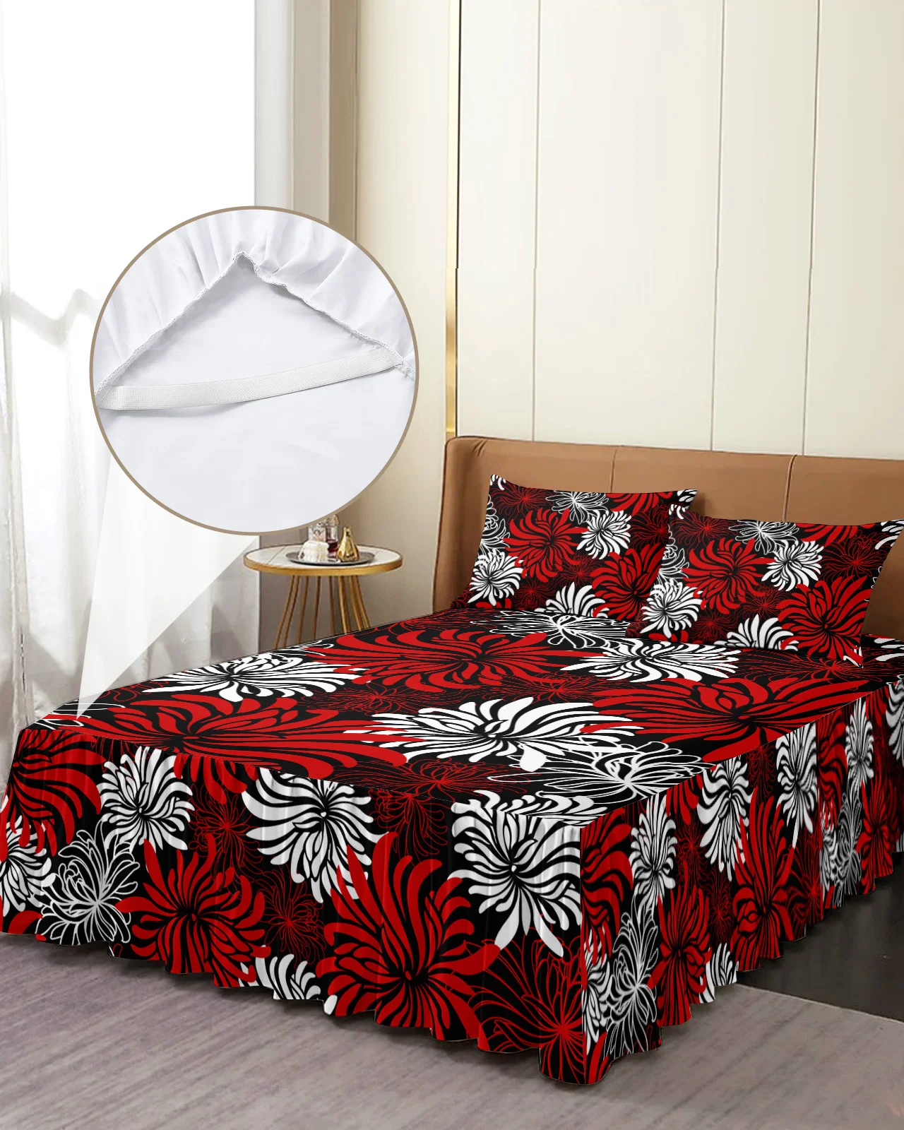 Red Black White Flower Chrysanthemum Bed Skirt Elastic Fitted Bedspread With Pillowcases Mattress Cover Bedding Set Bed Sheet