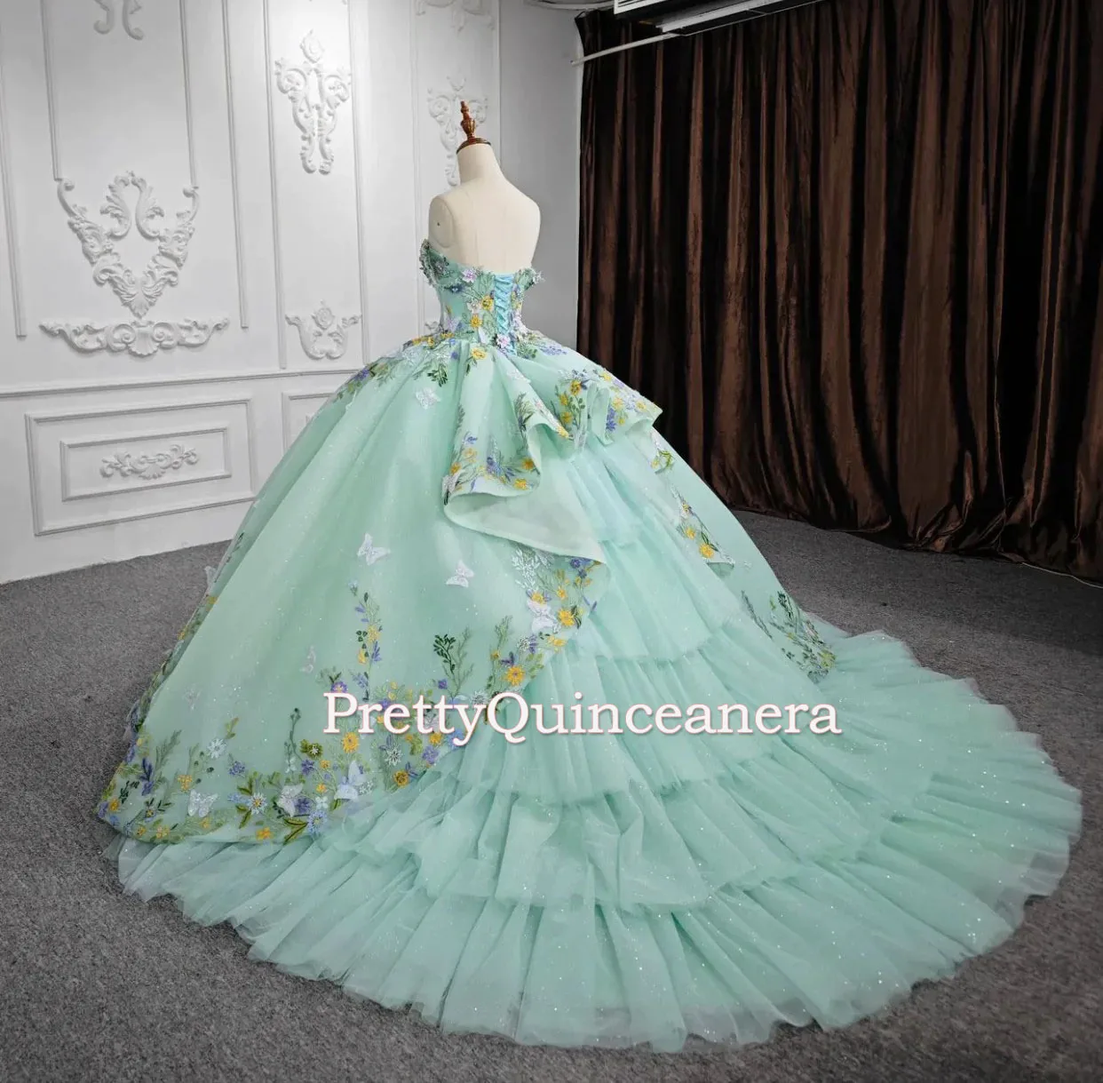 Beautiful Sage Colorful Embroidered Sparkly Tulle Quinceanera Dress with 3D Butterflies