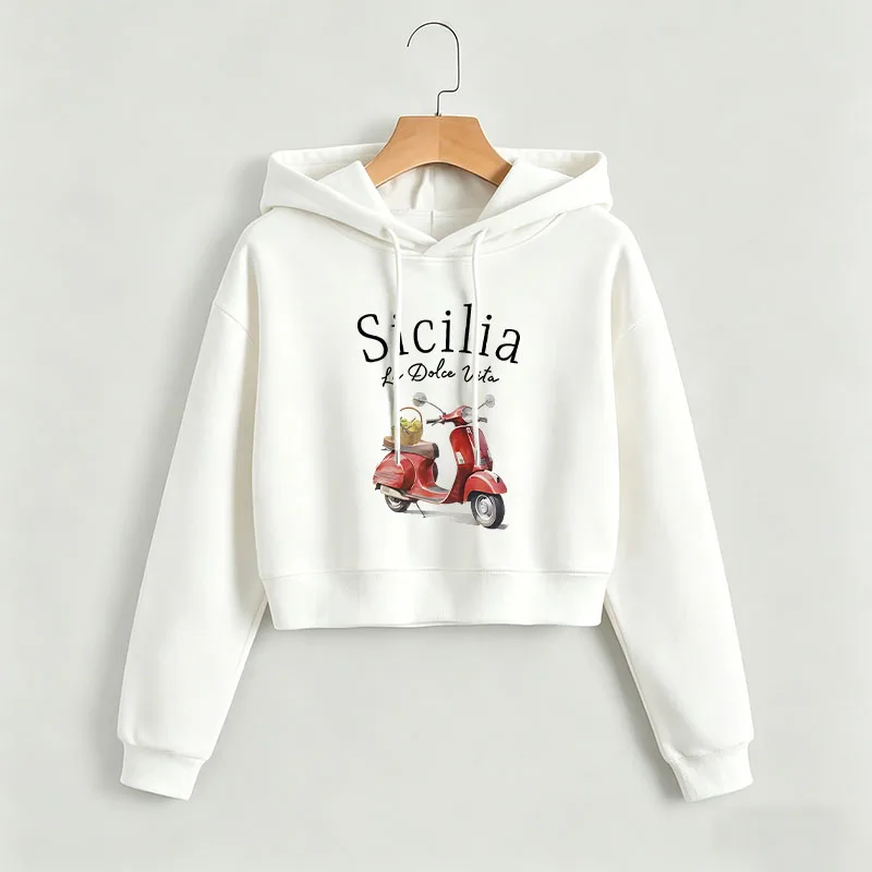 

Fashion La Dolce Vita Print Autumn Winter Cropped Sweatshirt Crop Top Hoodie Y2k Sweatshirts Gothic Casual Style Clothes