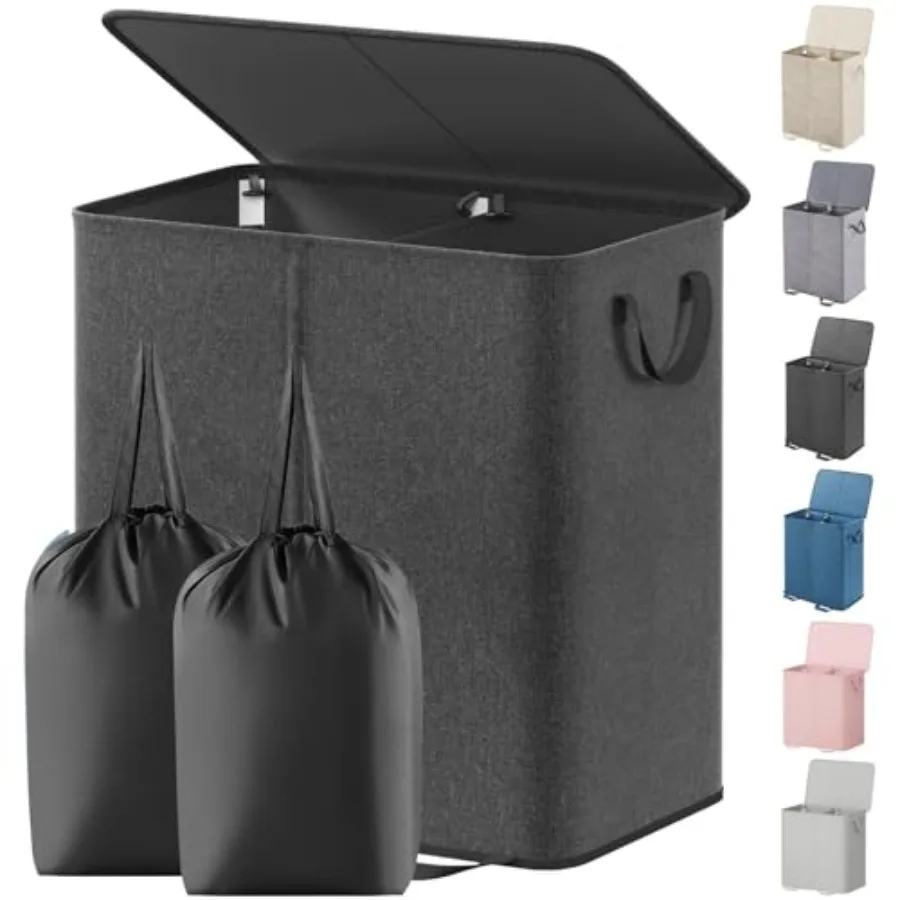 

Double Laundry Hamper with Lid and Removable Laundry Bags, Large Collapsible 2 Dividers Dirty Clothes Basket with Handles for B