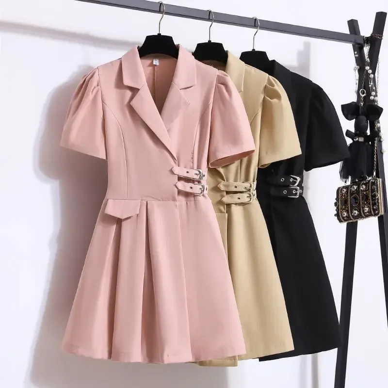 

Suit dress female summer high sense niche fashion design irregular waist slimming bubble short sleeve pleated skirt