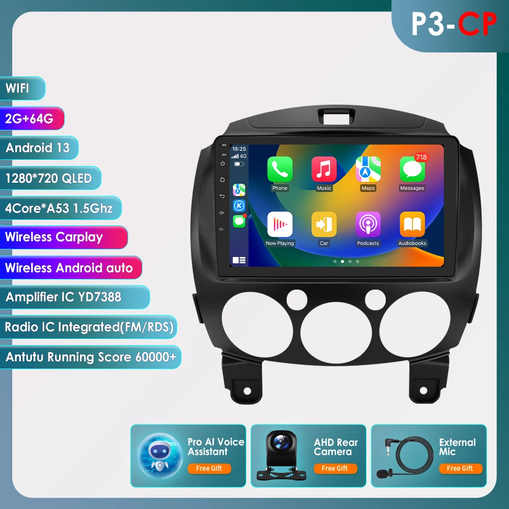 360 Camera 2Din Android 14 Autoradio Voor Mazda 2 2007 2008-2014 Auto Multimedia GPS 4G Carplay intelligente Scherm autoradio 6115