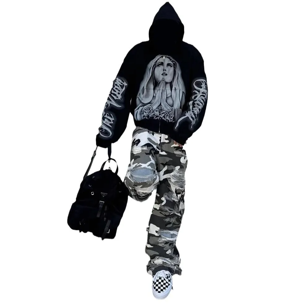 Y2k Round Neck Long Sleeved Hoodie Streetwear Oversized Hip-Hop Vintage Punk Printing Sweatshirt Winter Fall School Oot Outfit