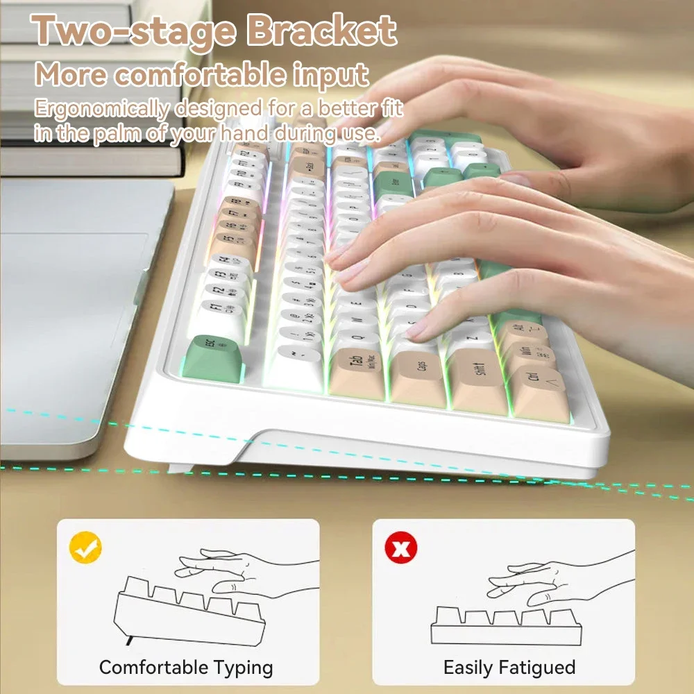 لوحة مفاتيح لاسلكية مع مقبض ومفاتيح الوسائط، 98 مفتاحًا، 3 أوضاع، BT، 2.4G، USB-C، قابلة لإعادة الشحن، غشاء RGB، Win، Mac، Office #3