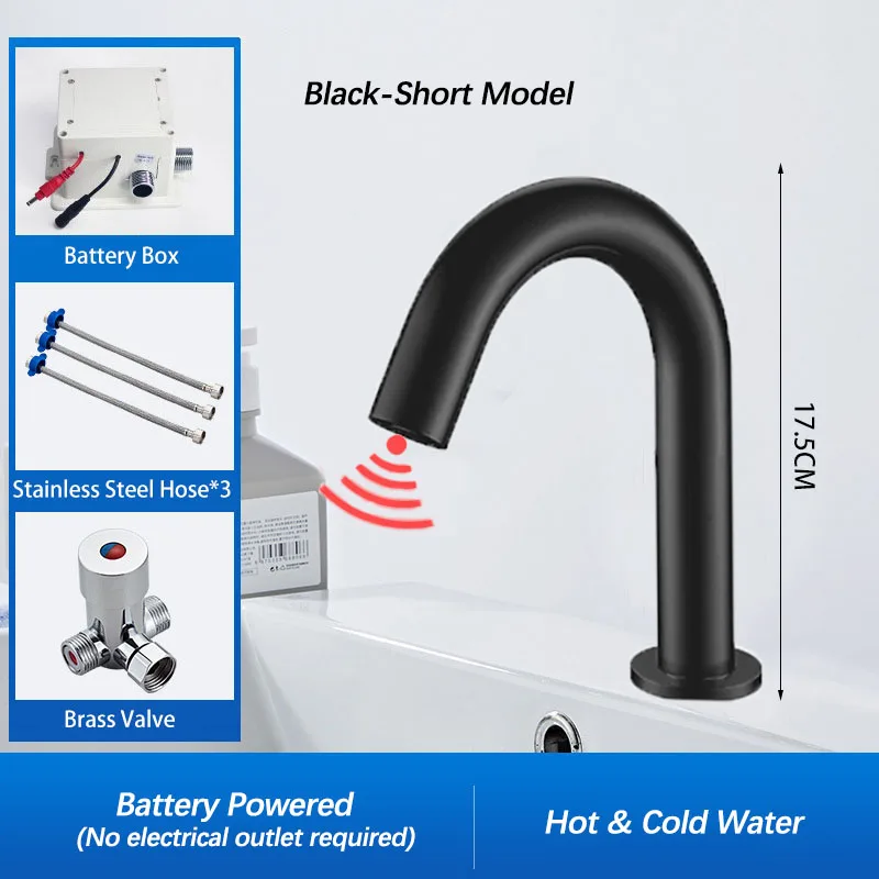 Zwarte automatische aanraakvrije infraroodsensor badkamerkraan. Touchless tapware. Koud warm water mixer kraan. Badkamer gootsteen kraan