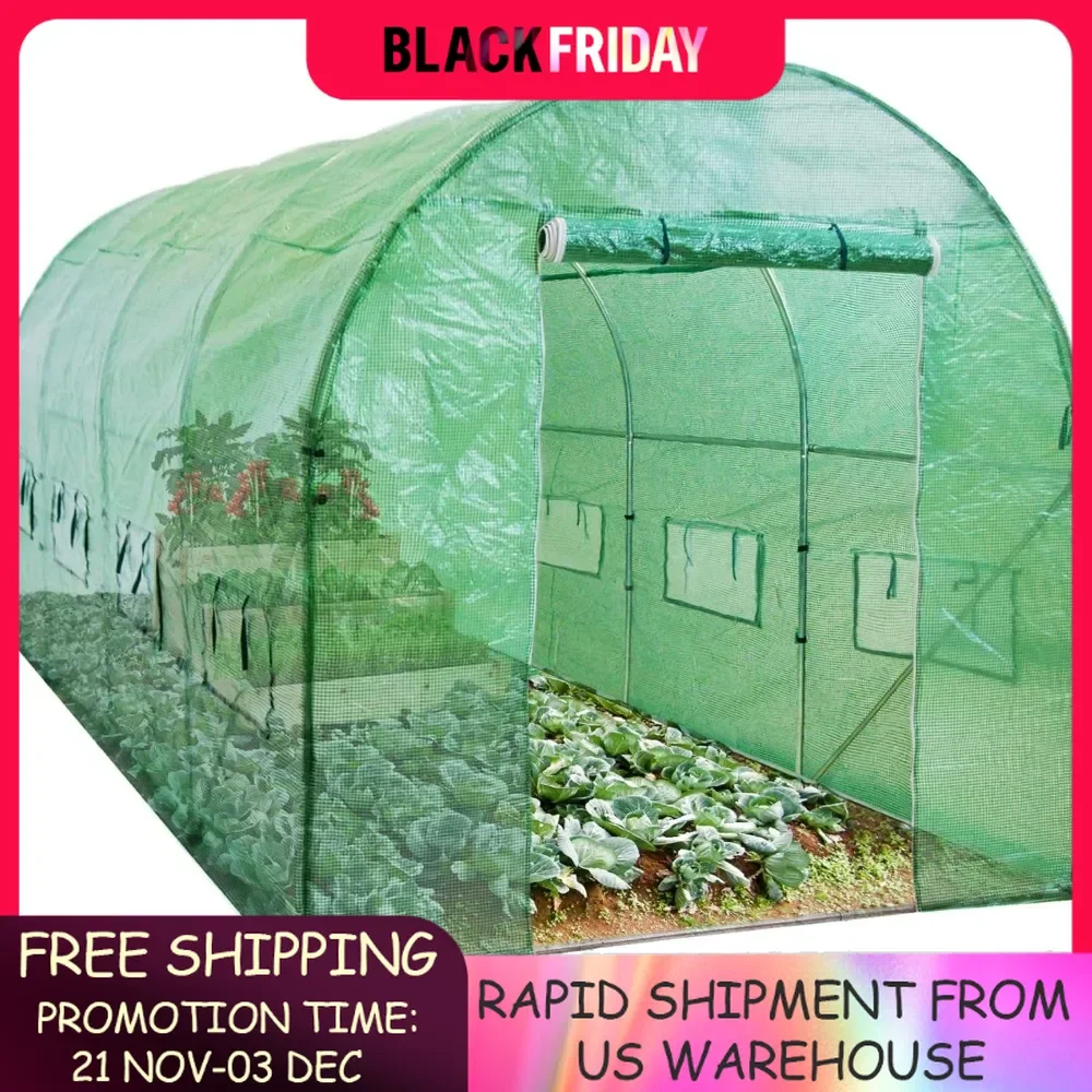 

Greenhouse Tunnel 15x7x7ft Walk-in, Garden Accessory Tent for Backyard, Home Gardening w/ 8 Roll-Up Windows, Zippered Door