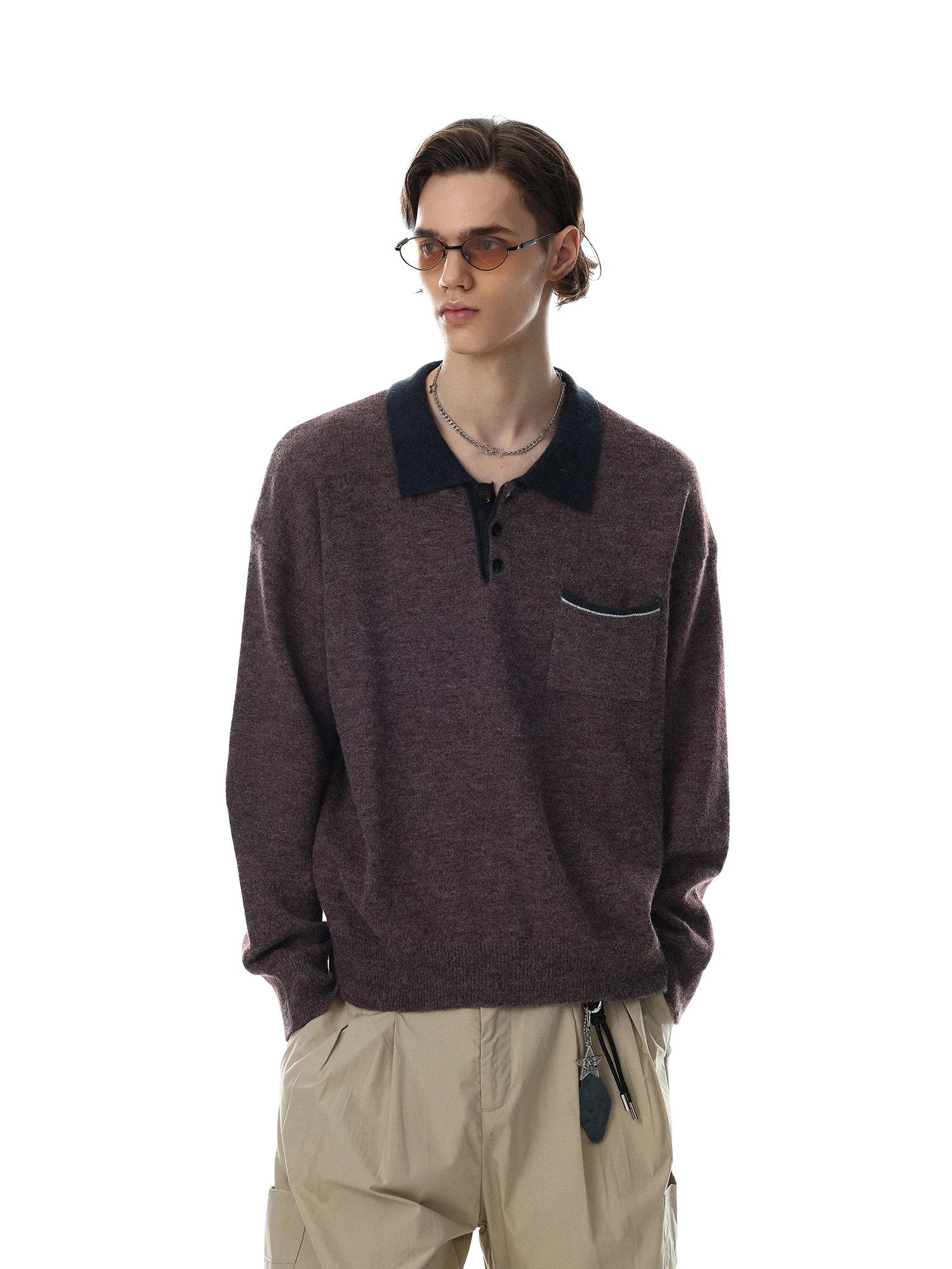 Retro American Color Block  Sweater Men's Autumn Winter Soft Lazy Knitted Shirt  Collar Long Sleeve Warm Pure Color
