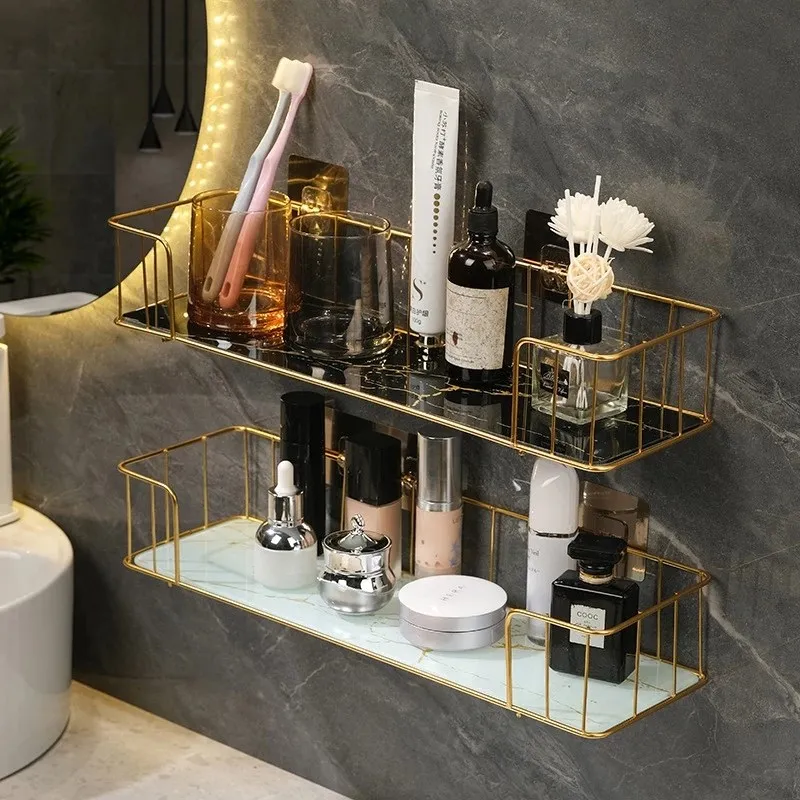 

Luxury Bathroom Shelf without drilling Iron Wall Shelf with Marble style Glass Plate Makeup Storage Rack Bathroom Accessories