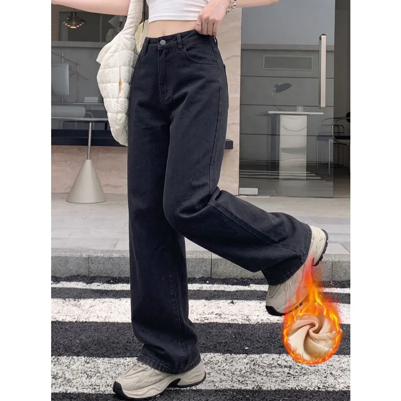 OIQERE Women Fleece Lined Thickened Black Gray Denim Long Pants Trendy Casual Trousers For Outdoor Daily Wear Slim Fit Jeans