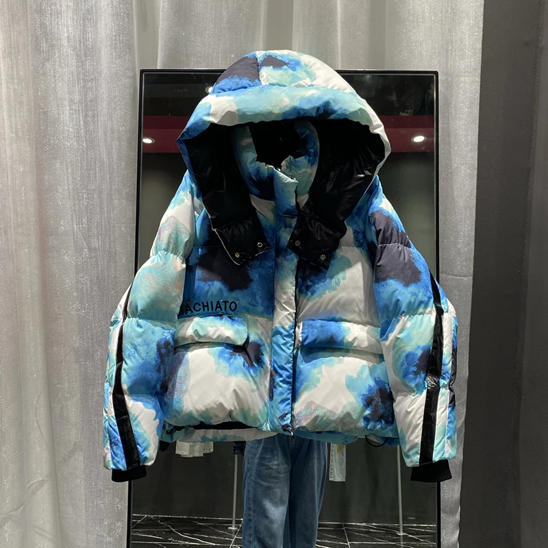 الشتاء قصيرة مطبوعة التعادل صبغ مقنعين أسفل سترة المرأة الأبيض بطة أسفل سترة أسفل عادية الإناث سستة سميكة الدافئة باركر أبلى #4