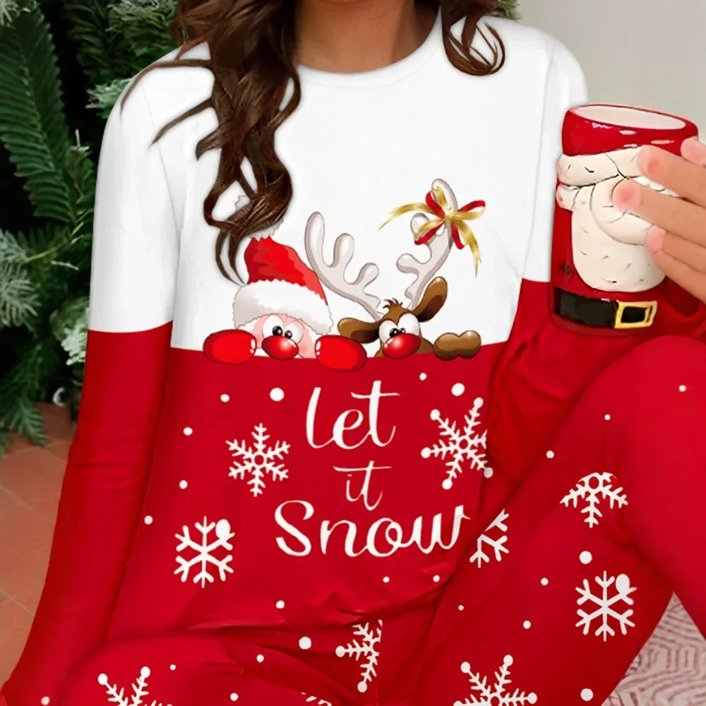 

Home Two Piece Set Woman Christmas Snowflake O-Neck Long Sleeved Tops Elegant High Waisted Casual Pants Pajama Suit Fall 2024